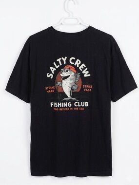 Salty Crew Black Tee with Fishing Club Graphic and Red Accent